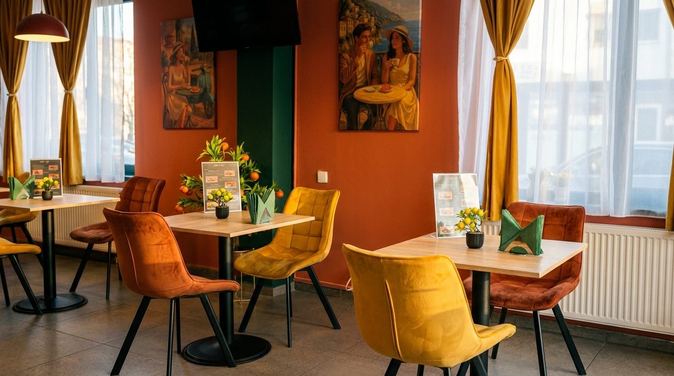 Sala Velluto Caffè: pereți teracotă, scaune de catifea muștar și cognac, mese de stejar