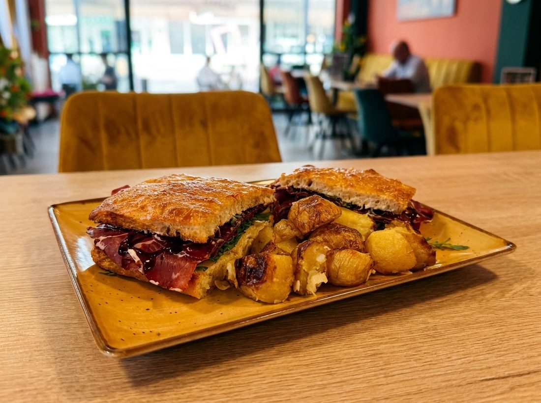 Panini pe focaccia cu cartofi rumeniți, pe farfuria galbenă a cafenelei